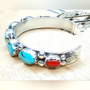 NEZ Family Sterling Silver Turquoise and Coral Vintage Bracelet